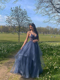 LTP1050,Gray blue v neck tulle lace long prom dress blue formal HZ0307