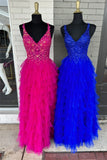V-Neck Ruffles Sleeveless Tulle Long Formal Prom HZ0307