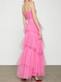 LTP1782,Elegant Open Back Layered Hot Pink Tulle Long Prom Dresses, Hot Pink Tulle Formal Graduation Evening HZ0307