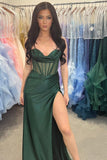 Sheer Corset Dark Green Beaded Mermaid Long Formal HZ0307
