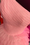 One Shoulder Pink Ruffles A-line Long Formal HZ0307