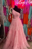 One Shoulder Pink Ruffles A-line Long Formal HZ0307