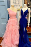 One Shoulder Pink Ruffles A-line Long Formal HZ0307