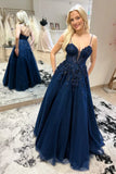 Navy Blue Spaghetti Straps A-Line Floral Sequined Tulle Prom HZ0307