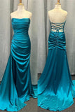 Ruched Teal Blue Satin Mermaid Prom HZ0307