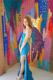 Ruched Teal Blue Satin Mermaid Prom HZ0307