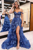 Off The Shoulder Sequin Lace Split Long Prom Evening HZ0307