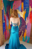 Ruched Teal Blue Satin Mermaid Prom HZ0307