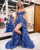Off The Shoulder Sequin Lace Split Long Prom Evening HZ0307