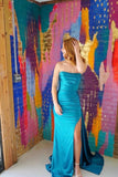 Ruched Teal Blue Satin Mermaid Prom HZ0307