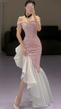 Super Sweet Bodycon Party Dress Off The Shoulder Irregular Pink Glitter Prom HZ0307