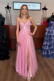 Princess Straps Pink Appliques A-line Long Party HZ0307