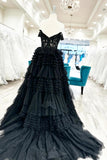 Off the Shoulder Black Lace Appliques Ruffles Long Formal HZ0307