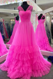 A-Line Hot Pink Tulle Long Evening Prom HZ0307