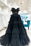 Off the Shoulder Black Lace Appliques Ruffles Long Formal HZ0307