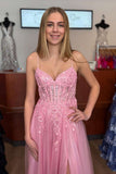 Princess Straps Pink Appliques A-line Long Party HZ0307