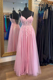 Princess Straps Pink Appliques A-line Long Party HZ0307