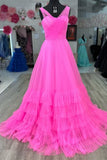 A-Line Hot Pink Tulle Long Evening Prom HZ0307