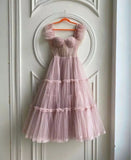 LTP1017,Dusty pink tulle prom dresses sweetheart tea length long evening formal HZ0307