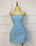 Glitter Strapless Bodycon Homecoming Dresses Pleated Cocktail Dress, HZ0307