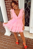 LTP1754, Sweet Pink Ruffles Homecoming Dress, Layers Plunging V Neck Homecoming HZ0307