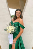 Green Off-the-shoulder Ruched Long Dress with High HZ0307