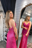 Ruched Fuchsia Sequin Faux Wrap Long Formal HZ0307
