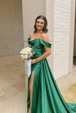 Green Off-the-shoulder Ruched Long Dress with High HZ0307