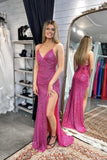 Ruched Fuchsia Sequin Faux Wrap Long Formal HZ0307