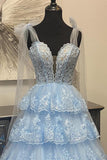 Light Blue Appliques Tiered Ruffle Prom HZ0307