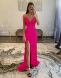 LTP0906,Glitter hot pink sequin prom dresses long v-neck long evening party HZ0307