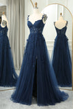 Straps Navy Blue Lace Appliques A-line Formal HZ0307