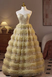 Golden Sweetheart Sequin Ruffle A-line Prom HZ0307