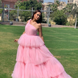 One Shoulder Light Pink Tulle Evening Prom HZ0307