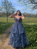 LTP1050,Gray blue v neck tulle lace long prom dress blue formal HZ0307