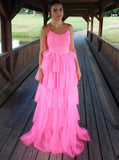 LTP1781,Unique A Line Light Pink Ruffles Layered Tulle Long Prom HZ0307