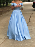 Sky Blue Two Piece Satin Off The Shoulder Long Prom HZ0307