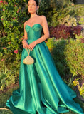 Green Sweetheart Satin A-Line Long Evening Prom Dress With High HZ0307