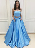 A-line Blue Two Piece Satin Floor Length Long Prom Party HZ0307