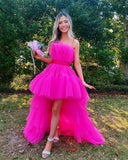 LTP1194,Hot Pink Strapless High Low Formal Gown,Tulle Prom Evening HZ0307