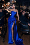 LTP1749,Royal Blue Mermaid Pleated Sleeveless Long Prom Dress With High Side HZ0307