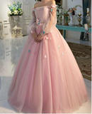 LTP1016,Long Sleeve Prom Dresses, Pearl Pink Ball Gown Long Floral Fairy Prom HZ0307
