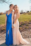Sheath Bodycon Blue Satin Long Prom Dress, Style HZ0307