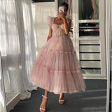 LTP1017,Dusty pink tulle prom dresses sweetheart tea length long evening formal HZ0307