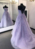 LTP0919,Lavender Spaghetti Straps Tulle Long Prom Dresses with Appliques and Beading,Formal HZ0307