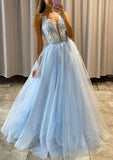 Baby Blue A-Line V-Neck Tulle Prom HZ0307