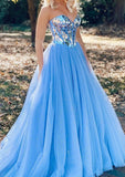Sweetheart Blue Tulle Ball Gown Sleeveless Prom HZ0307