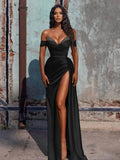Off Shoulder Beaded Prom Dress - Long Satin Evening HZ0307