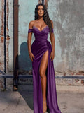 Off Shoulder Beaded Prom Dress - Long Satin Evening HZ0307