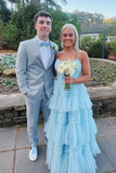 Light Blue Pleated A-line Tiered Prom HZ0307